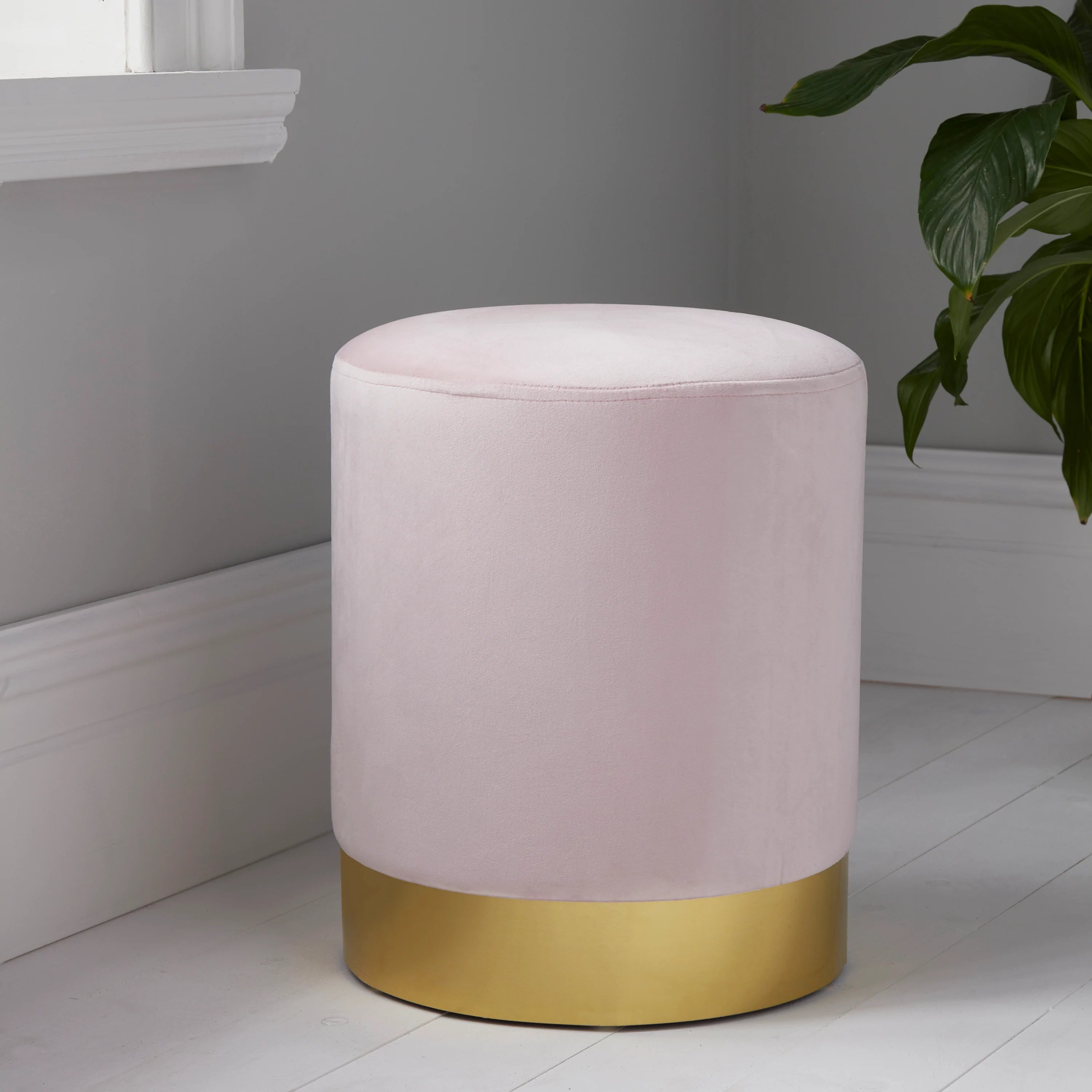 Round Pastel Pink Velvet Stool - Gold Finish
